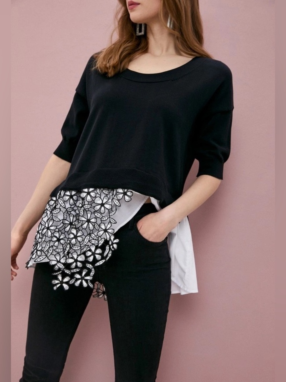 French Connection Black Colorblock Top XS Floral Lace Hem Contrast Peplum